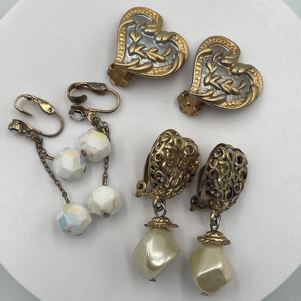 Vintage Estate Clip-On Earring Lot Mixed Style Dangle Faux Pearl Heart 3 Pairs